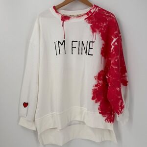 Wren + Glory I'm Totally Fine Hand Painted Womens Sweatshirt White Red Oversized